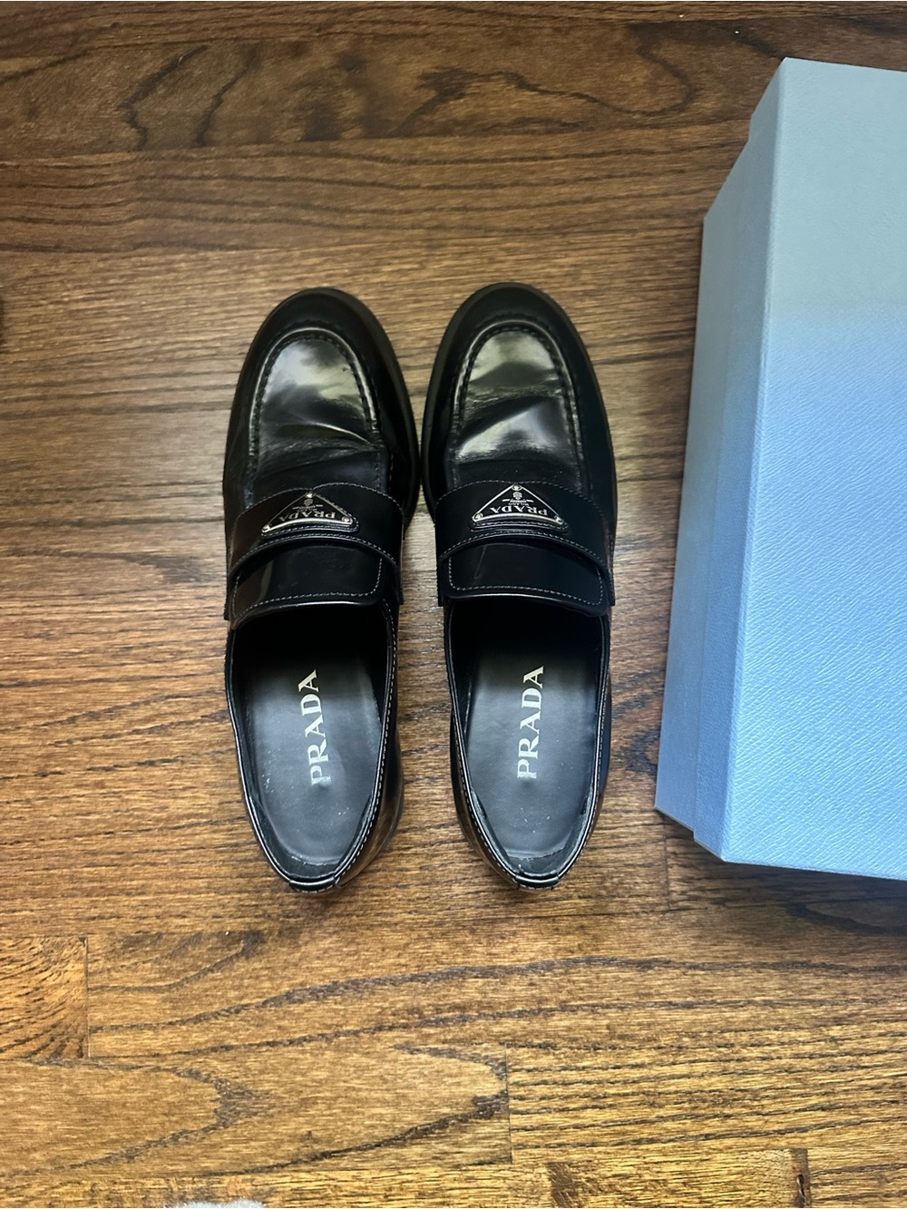 Prada Black Leather Penny Loafers with Triangle Logo - Picture 2 of 4